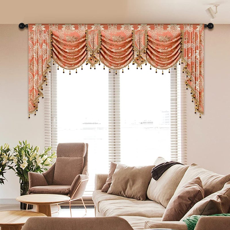 ELKCA Golden Jacquard Swag Waterfall Valance Luxury Curtain Valance for Living Room (Damask-Coffee, W79 Inch, 1 Panel) - Image 1